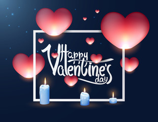 Vector luxury premium template for valentines day with white frame, sky lantern in shape of heart, candles on blue background. Elegant decoration design for cover, poster, flyer, greeting card.