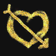 Gold glitter heart and arrow isolated on black background. Happy Valentines Day golden glamour design element.