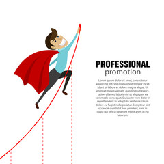 Businessman in a suit superhero draws chart line and files up