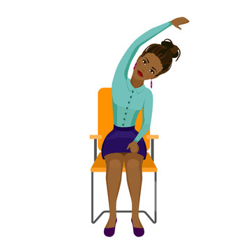 Pretty African American woman in business clothes is doing exercises on the office chair. Business woman in healthy tilt arm and body to the side pose.
