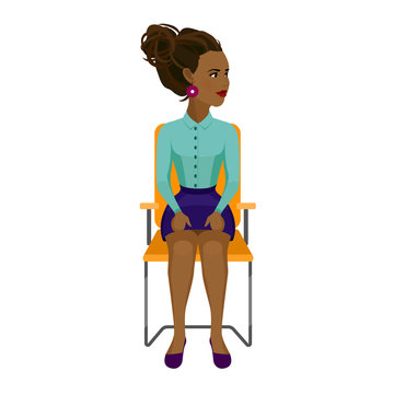 Pretty African American woman in business clothes is doing exercises for back on the office chair. Business woman in healthy twist head pose.