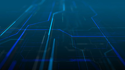 Abstract digital background made of different shapes with hight detailed elements. Rich details and depth of field effect. 3d rendering illustration. Geometry lines with dashes and glow.