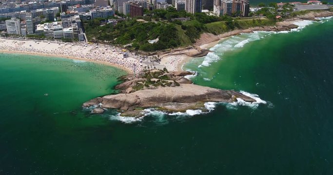 Aerial view of Arpoador peninsula connecting  Copacabana and Ipanema Beach , Rio de Janeiro, Brazil