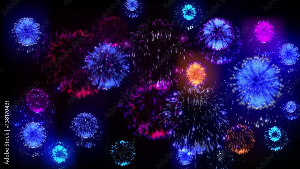 Poster 4k multiple fireworks. beatiful colorful big firecrakers. 3d animation, different versions. 9