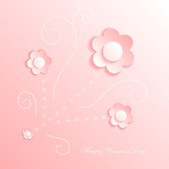 Abstract background with flowers. Delicate 3D greeting card for the International Women's Day. Congratulations on March 8! Cut paper elements. Origami, applique. World Day of the woman. 