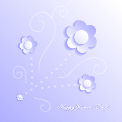 Abstract background with flowers. Delicate 3D greeting card for the International Women's Day. Congratulations on March 8! Cut paper elements. Origami, applique. World Day of the woman. 