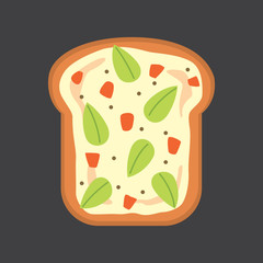 toast and sandwich breakfast. Bread toast with jam, egg, cheese, blueberry, peanut butter, salami, fish. Flat vector illustration.