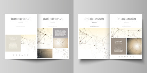 Business templates for bi fold brochure, magazine, flyer. Cover design template, vector layout in A4 size. Technology, science, medical concept. Golden dots and lines, digital style. Lines plexus.
