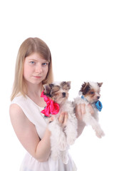 Girl and puppies