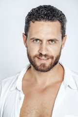 Obraz premium happy man, brutal caucasian hipster with moustache in white shirt