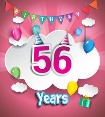 56 years birthday Celebration Design, with clouds and balloons, confetti. using Paper Art Design Style, Vector template elements for your birthday celebration party.