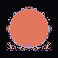 Elegant bright round frame with texture on black background, painted lines with swirls