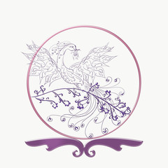 Elegant glass round frame, a phoenix on a branch, painted lines with swirls