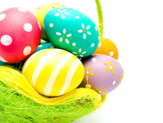 Perfect colorful handmade easter eggs in the basket isolated