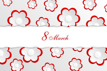 White abstract background with white flowers. Delicate 3D greeting card for the International Women's Day. Congratulations on March 8! Cut paper elements. Origami, applique. World Day of the woman. 