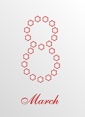 White abstract background with white flowers. Delicate 3D greeting card for the International Women's Day. Congratulations on March 8! Cut paper elements. Origami, applique. World Day of the woman. 