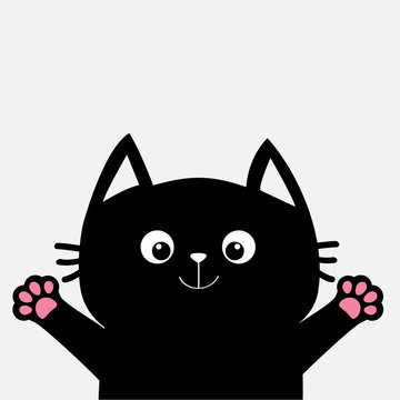 Black cat ready for a hugging. Open hand paw print. Kitty reaching for a hug. Funny Kawaii animal. Baby card. Cute cartoon character. Pet collection. Flat design White background. Isolated.
