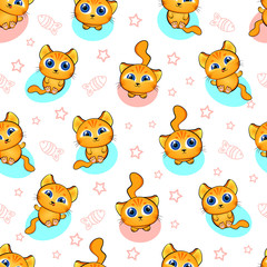 Cute kids pattern for girls and boys. Colorful kittens, cat on the abstract grunge background create a fun cartoon drawing. The background is made in neon colors. Urban backdrop for textile and fabric