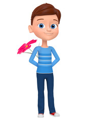 Boy with a flower isolated on white background. 3d render  illustrations.
