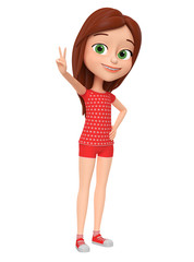 Girl isolated on white background showing the peace of the world. 3d rendered illustration.