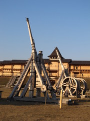 Medieval throwing trebuchet construction in the Park Kyiv Rus in Kyiv region