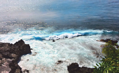 Sea landscape digital illustration. Painted style seascape with waves and foam