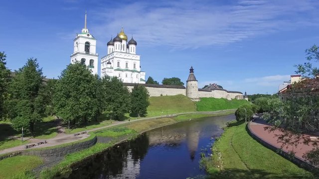 View on Holy Trinity Cathedral located in Pskov Kremlin from bridge over Pskova river in Pskov, Russia
