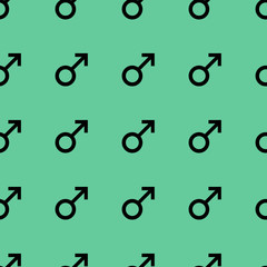 Seamless pattern with black male symbols. Male signs same sizes. Pattern on turquoise background. Vector illustration