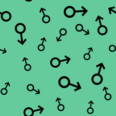 Seamless pattern with the black male symbols. Male signs different sizes. Pattern on turquoise background. Vector illustration