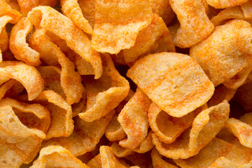 Delicious potato chips closeup becon meat.