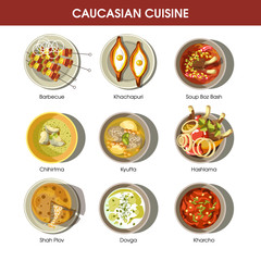 Caucasian cuisine set with traditional dishes. Barbecue dish, Khachapuri meal