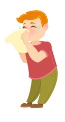 Depressed boy crying in handkerchief isolated on white background.