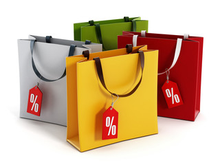 Multi colored shopping bags with sale tags. 3D illustration