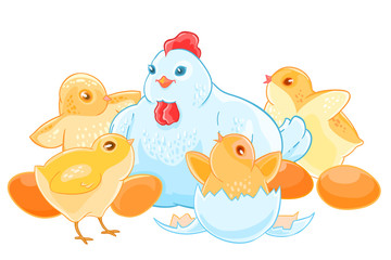 Cartoon mother hen sits on the eggs. Brood of cute little Chicks.