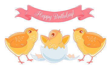 Two funny cartoon chick congratulations newborn yellow chicken.