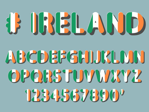 flat vector rounded font alphabet letters and numerals with shadow and flag pattern of Ireland to headline of web, banner, poster, card, label