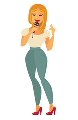Singer woman singing in karaoke stage vector flat icon