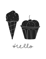 Ice cream cone and ice cream bowl on the white background. Summer hand drawn modern illustration 