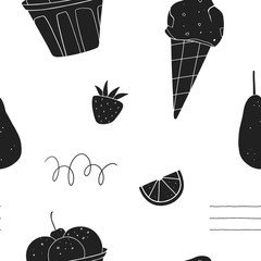 Modern black and white background made of ice cream and fruits. Food seamless pattern 
