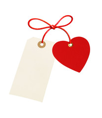 label (tag) and red heart isolated on white background