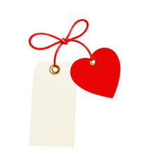 label (tag) and red heart isolated on white background