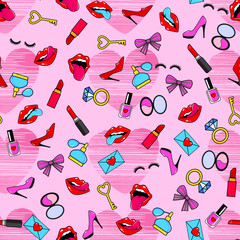 Female lips. Mouth with a kiss, pomade, shoes, perfume, rings, diamonds, hearts. Vector comic seamless pattern in pop art retro style. Abstract seamless pattern for girls, boys, clothes.