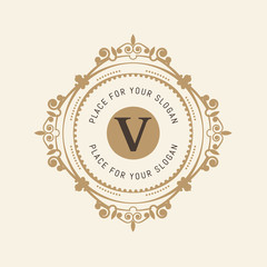 The letter V. Flourishes calligraphic monogram emblem template. Luxury elegant frame ornament line logo design vector illustration. Example designs for Cafe, Hotel, Heraldic, Restaurant, Boutique