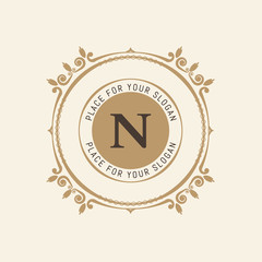 The letter N. Flourishes calligraphic monogram emblem template. Luxury elegant frame ornament line logo design vector illustration. Example designs for Cafe, Hotel, Heraldic, Restaurant, Boutique