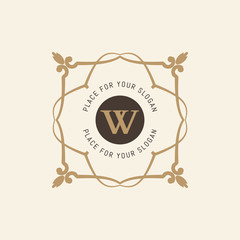 The letter W. Flourishes calligraphic monogram emblem template. Luxury elegant frame ornament line logo design vector illustration. Example designs for Cafe, Hotel, Heraldic, Restaurant, Boutique
