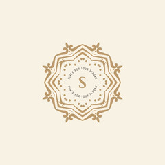 The letter S. Flourishes calligraphic monogram emblem template. Luxury elegant frame ornament line logo design vector illustration. Example designs for Cafe, Hotel, Heraldic, Restaurant, Boutique