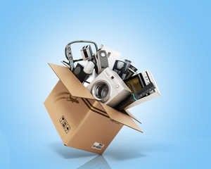 Home appliances Group of white refrigerator washing machine stove microwave oven vacuum cleaner on blue background 3d