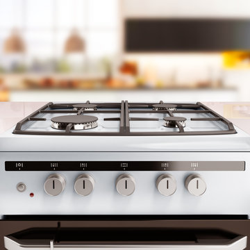 Gas stove 3d render kitchen background