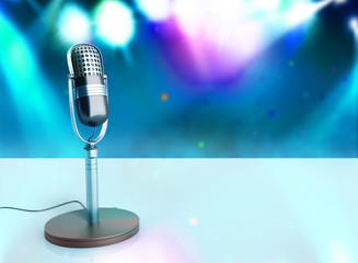 Vintage silver microphone wood karaoke background 3d illustration