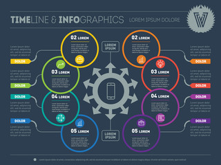 Vector infographic of technology or education process. Business concept with eight options. Web Template of a circle infochart, diagram or presentation. Part of the report with logo and icons set.